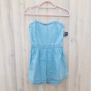 Angie Womens Strapless Denim Romper Size S Light Wash Smocked Short Summer Y2K
